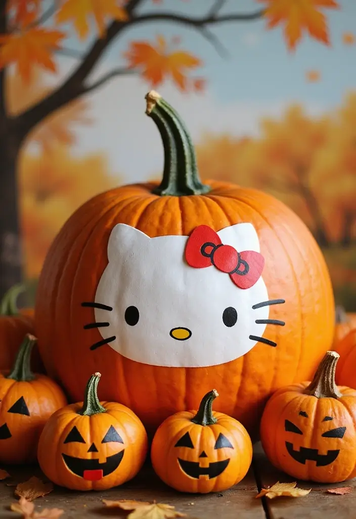 30 Hello Kitty Pumpkin Painting Ideas for Cute Halloween Fun - 11. Hello Kitty with Pumpkin Pals