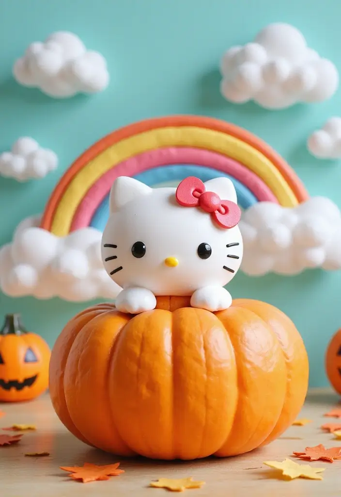 30 Hello Kitty Pumpkin Painting Ideas for Cute Halloween Fun - 12. Hello Kitty Under a Rainbow