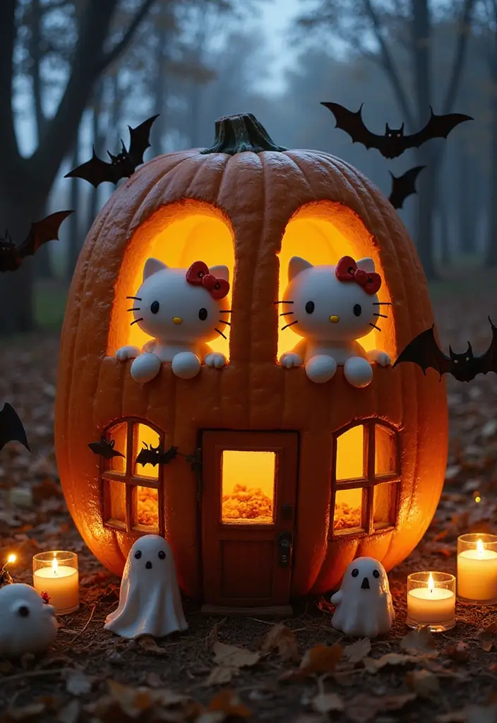 30 Hello Kitty Pumpkin Painting Ideas for Cute Halloween Fun - 13. Hello Kitty and Friends Haunted House