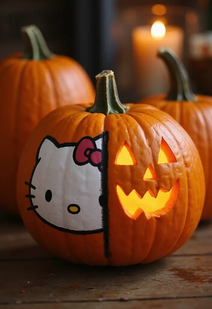 30 Hello Kitty Pumpkin Painting Ideas for Cute Halloween Fun - 14. Hello Kitty and Jack-o'-Lantern Friends