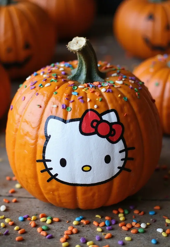 30 Hello Kitty Pumpkin Painting Ideas for Cute Halloween Fun - 15. Hello Kitty with Pumpkin Sprinkles