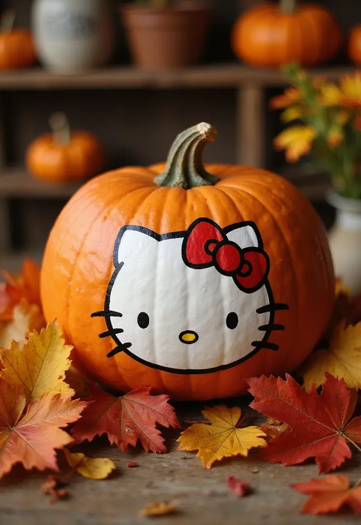 30 Hello Kitty Pumpkin Painting Ideas for Cute Halloween Fun - 16. Hello Kitty and Autumn Leaves