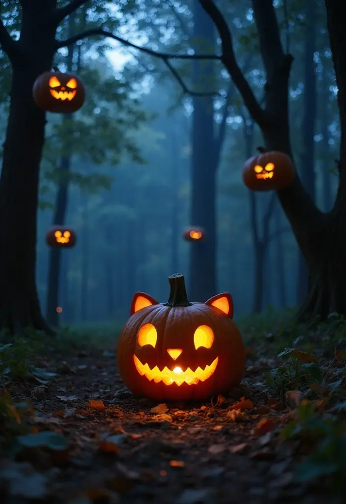 30 Hello Kitty Pumpkin Painting Ideas for Cute Halloween Fun - 17. Hello Kitty in a Halloween Forest