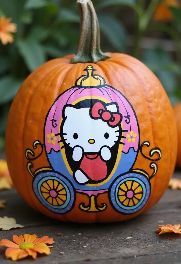 30 Hello Kitty Pumpkin Painting Ideas for Cute Halloween Fun - 18. Hello Kitty Pumpkin Carriage