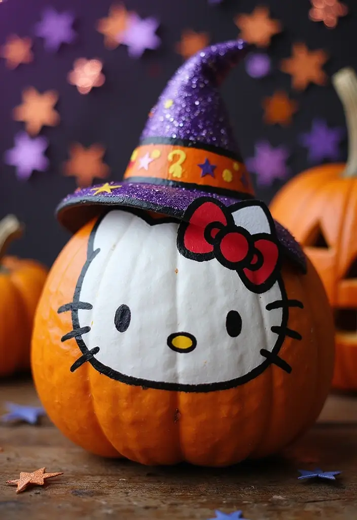 30 Hello Kitty Pumpkin Painting Ideas for Cute Halloween Fun - 2. Hello Kitty in a Witch Hat