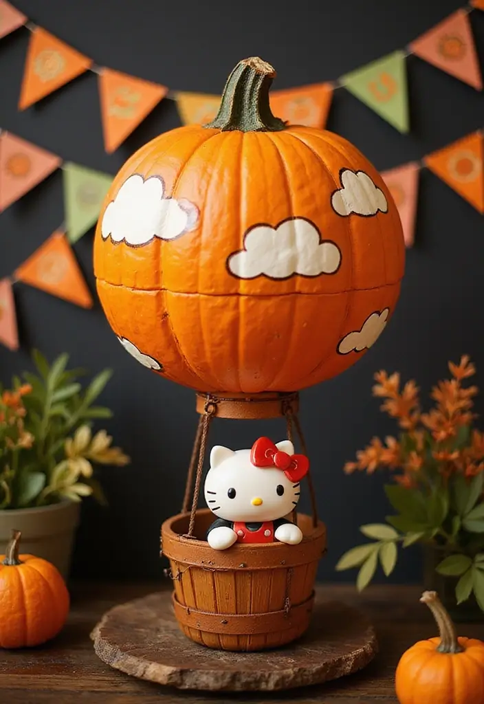 30 Hello Kitty Pumpkin Painting Ideas for Cute Halloween Fun - 20. Hello Kitty in a Hot Air Balloon