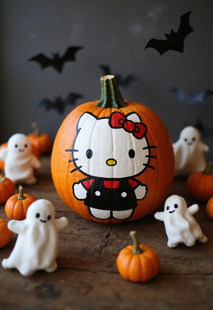 30 Hello Kitty Pumpkin Painting Ideas for Cute Halloween Fun - 21. Hello Kitty with Spooky Friends