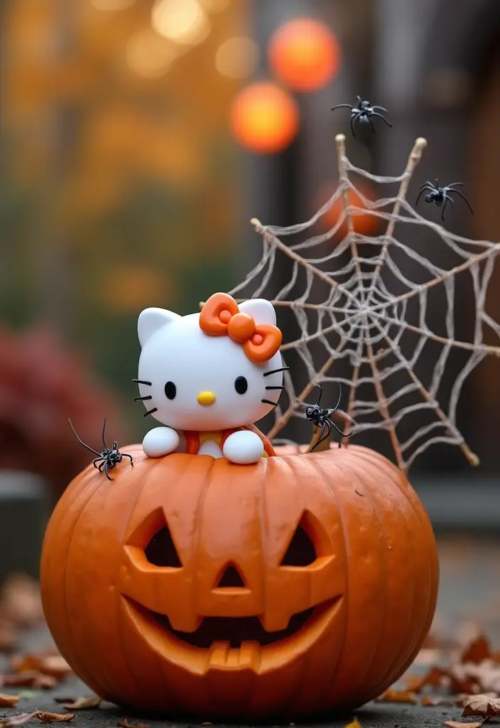 30 Hello Kitty Pumpkin Painting Ideas for Cute Halloween Fun - 23. Hello Kitty and a Spider Web