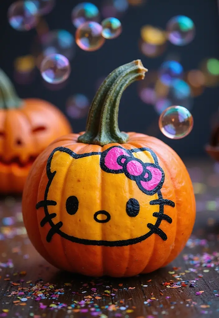 30 Hello Kitty Pumpkin Painting Ideas for Cute Halloween Fun - 24. Hello Kitty with Halloween Bubbles