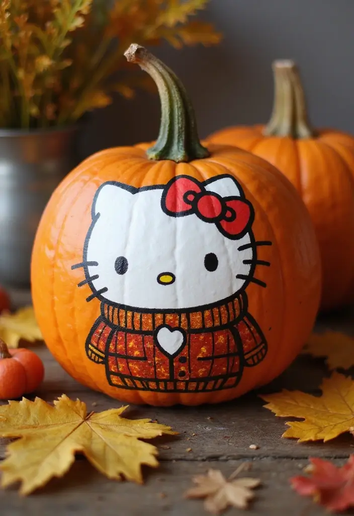 30 Hello Kitty Pumpkin Painting Ideas for Cute Halloween Fun - 26. Hello Kitty in a Cozy Sweater