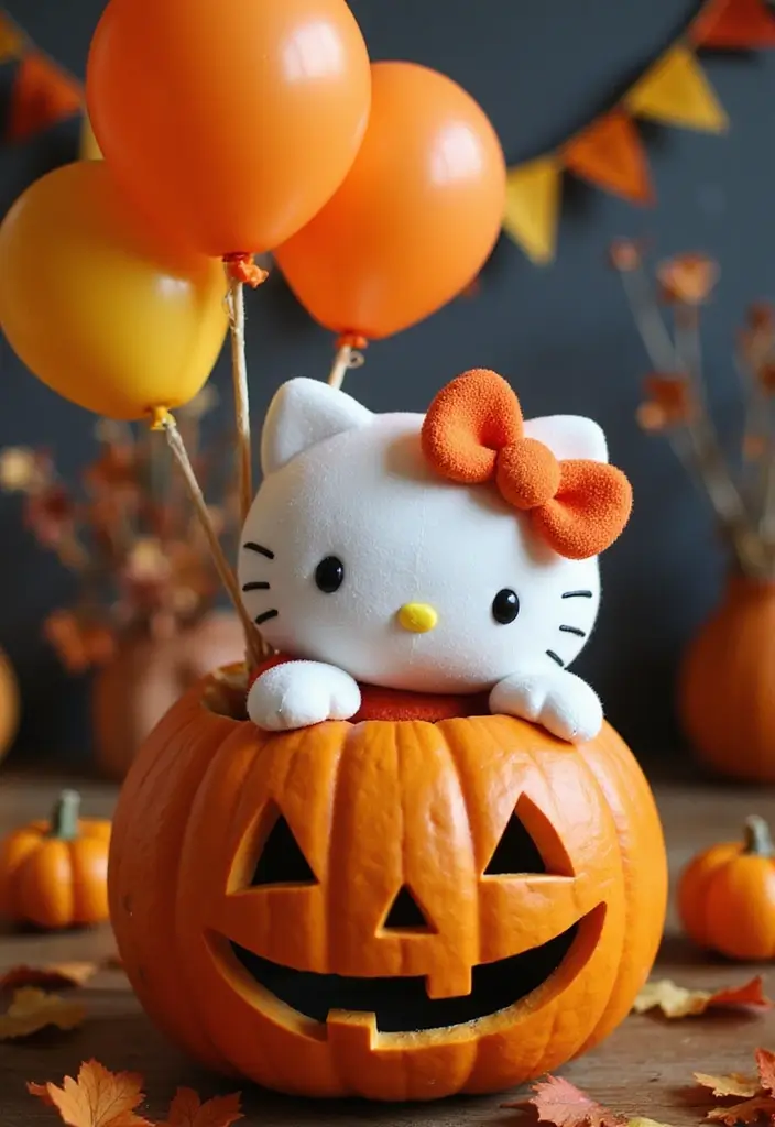30 Hello Kitty Pumpkin Painting Ideas for Cute Halloween Fun - 27. Hello Kitty with Halloween Balloons