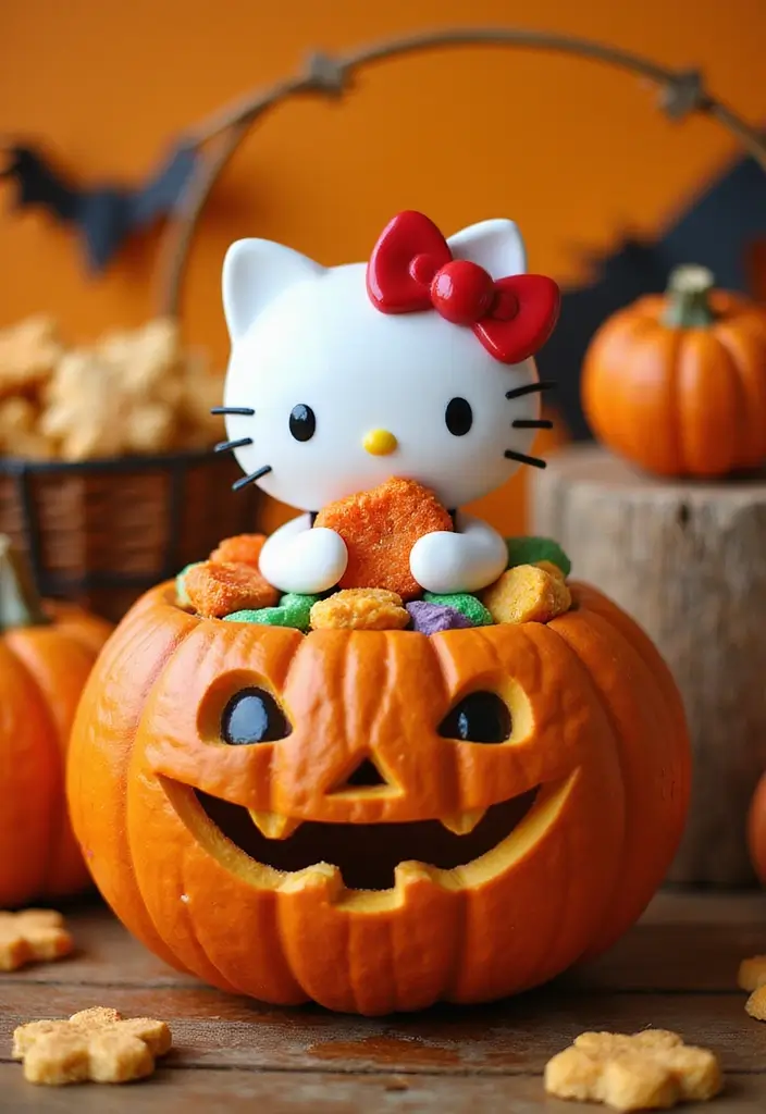 30 Hello Kitty Pumpkin Painting Ideas for Cute Halloween Fun - 29. Hello Kitty with Halloween Treat Basket