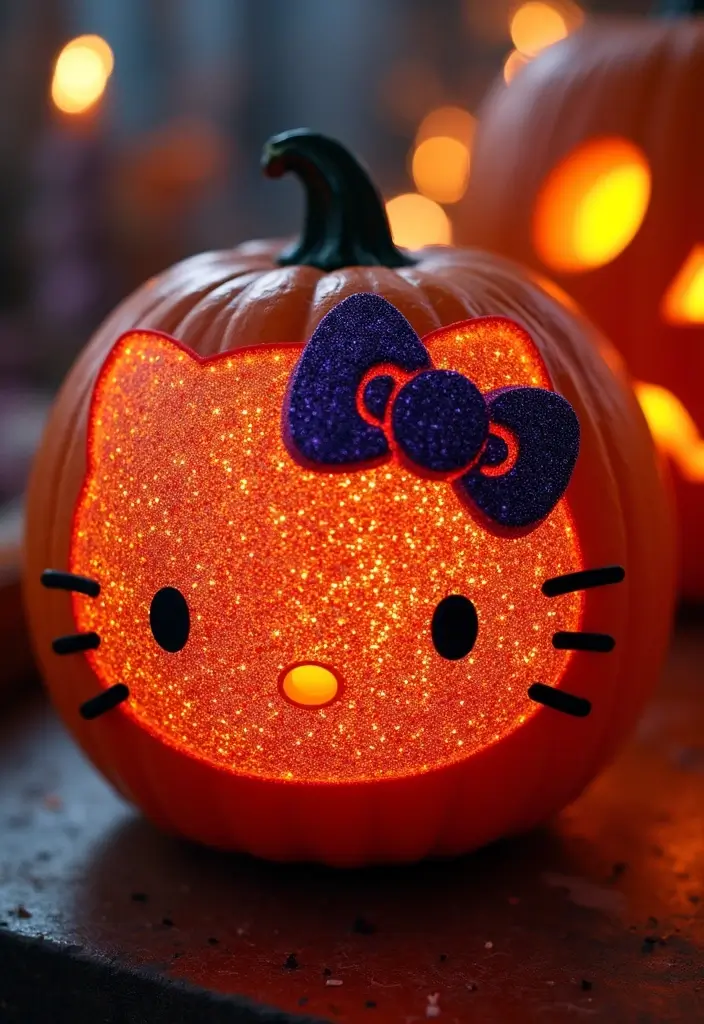 30 Hello Kitty Pumpkin Painting Ideas for Cute Halloween Fun - 4. Hello Kitty Pumpkin with Glitter
