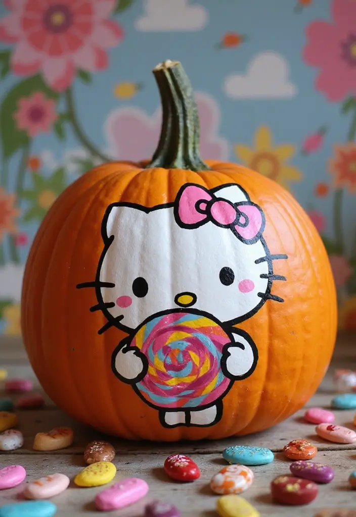 30 Hello Kitty Pumpkin Painting Ideas for Cute Halloween Fun - 8. Hello Kitty in a Candyland