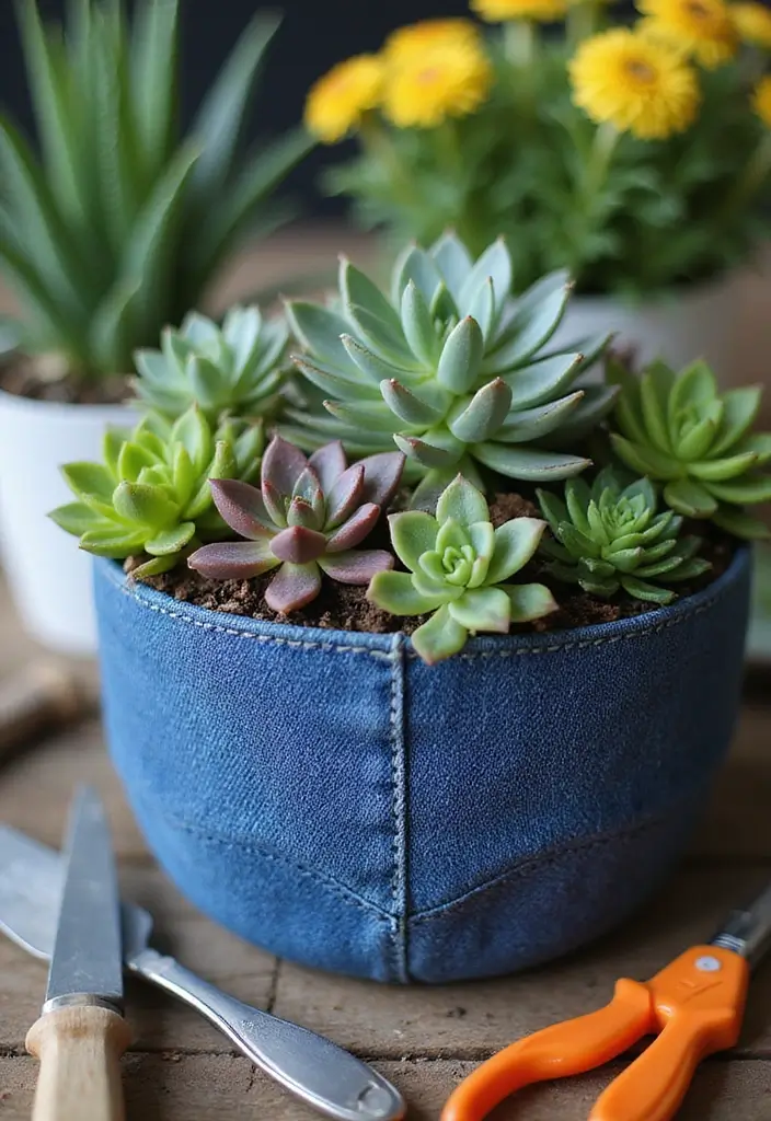 30 Planter Pot Painting Ideas for Home and Garden - 1. Upcycled Denim Planters