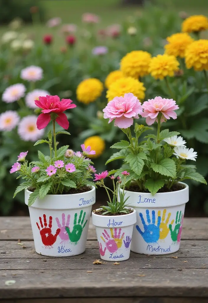 30 Planter Pot Painting Ideas for Home and Garden - 12. Personalized Handprints