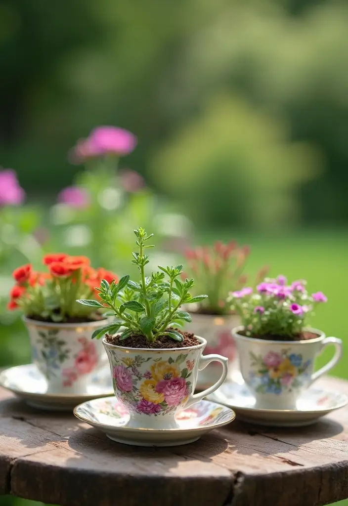 30 Planter Pot Painting Ideas for Home and Garden - 13. Charming Vintage Teacups