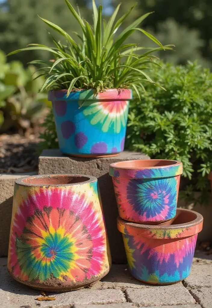 30 Planter Pot Painting Ideas for Home and Garden - 17. Tie-Dye Elegance