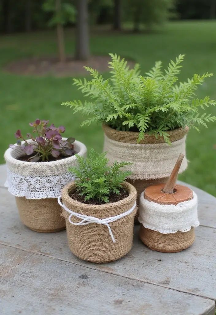 30 Planter Pot Painting Ideas for Home and Garden - 19. Textured Fabric Wrapping