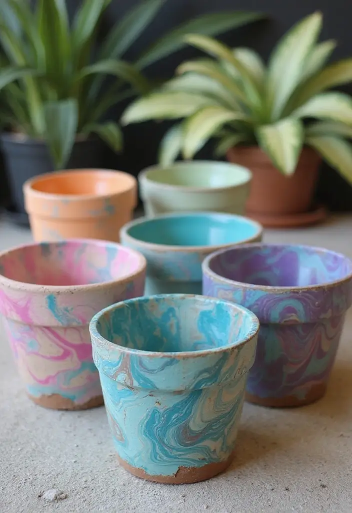 30 Planter Pot Painting Ideas for Home and Garden - 2. Marbled Paint Effect