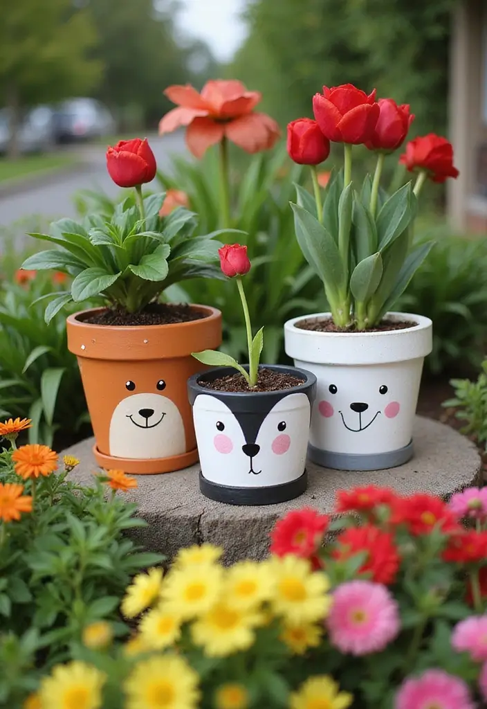 30 Planter Pot Painting Ideas for Home and Garden - 24. Hand-Painted Animal Faces