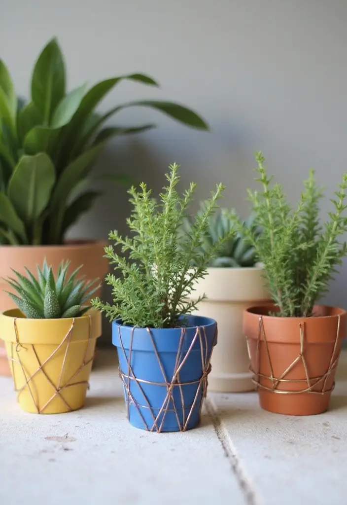 30 Planter Pot Painting Ideas for Home and Garden - 26. Geometric Wire Art Accents
