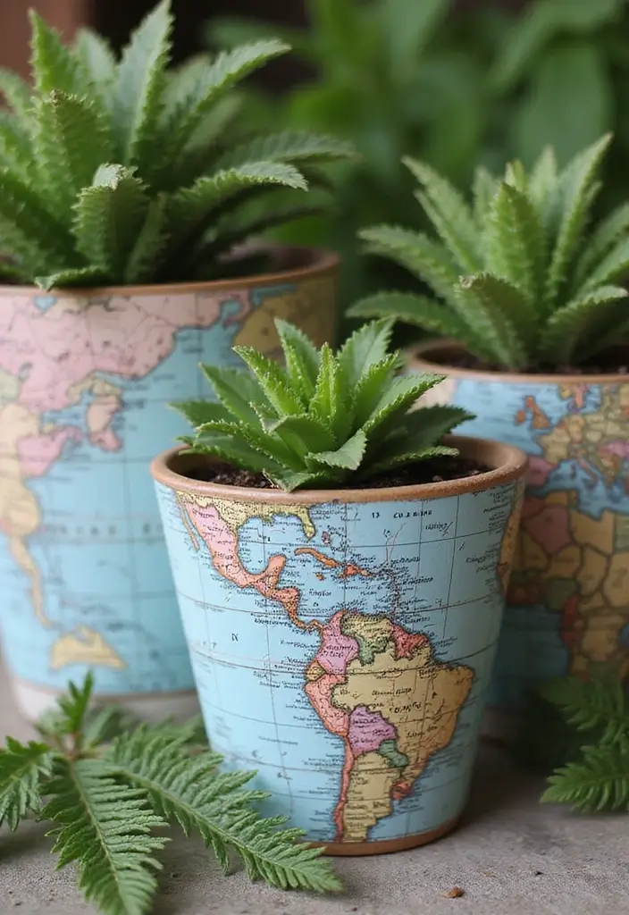 30 Planter Pot Painting Ideas for Home and Garden - 4. Vintage Map Collage