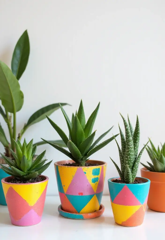30 Planter Pot Painting Ideas for Home and Garden - 5. Colorful Geometric Patterns