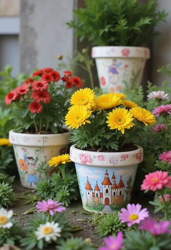 30 Planter Pot Painting Ideas for Home and Garden - 6. Whimsical Fairy Tale Themes
