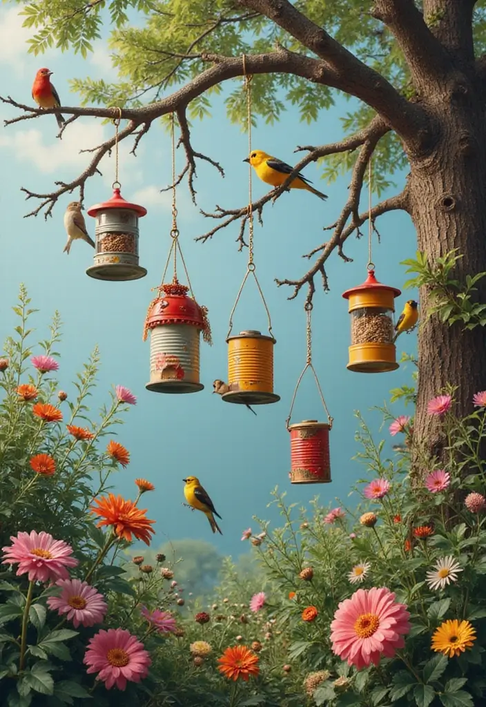 30 Tin Can Painting Ideas for Upcycled Home Decor - 10. Whimsical Bird Feeders
