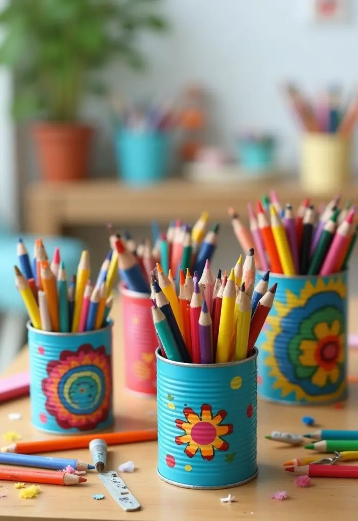 30 Tin Can Painting Ideas for Upcycled Home Decor - 16. Kids' Craft Station
