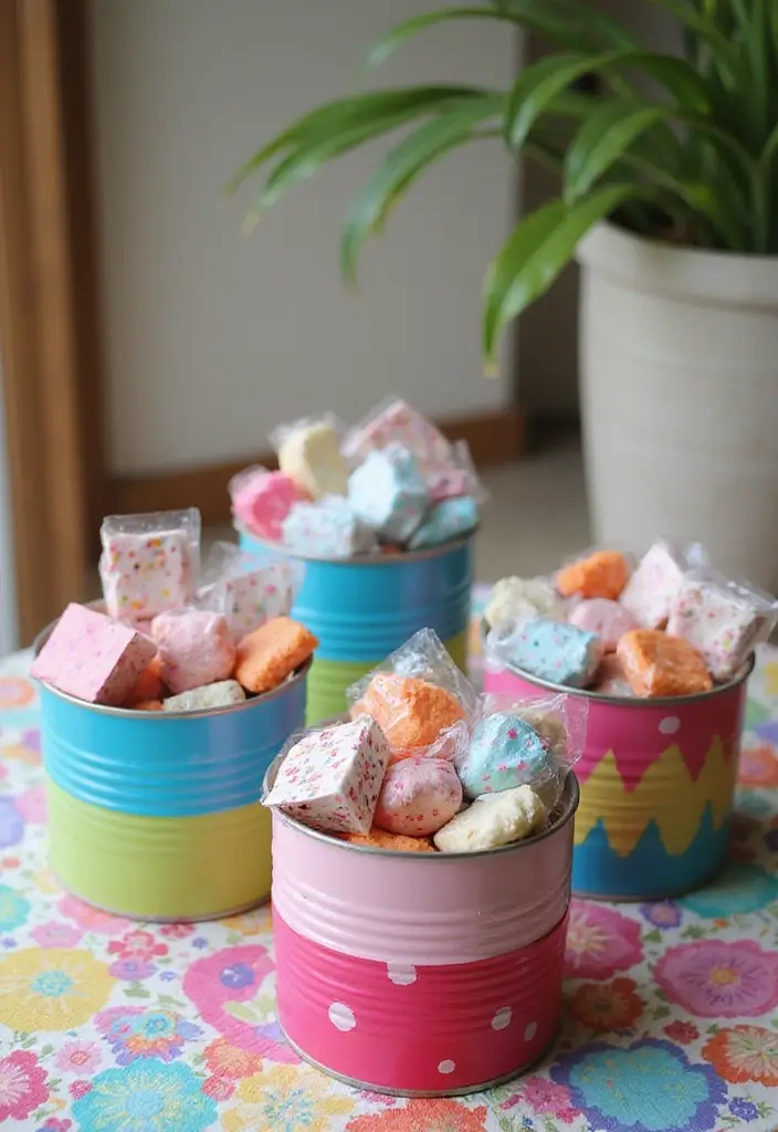 30 Tin Can Painting Ideas for Upcycled Home Decor - 20. Party Favors