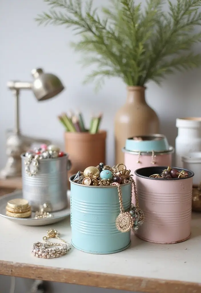 30 Tin Can Painting Ideas for Upcycled Home Decor - 25. Customized Jewelry Holders
