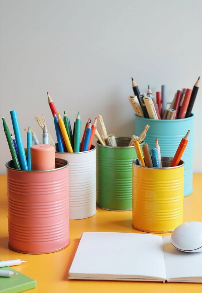 30 Tin Can Painting Ideas for Upcycled Home Decor - 29. Creative Desk Organizers