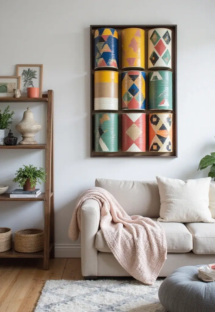 30 Tin Can Painting Ideas for Upcycled Home Decor - 4. Geometric Wall Art