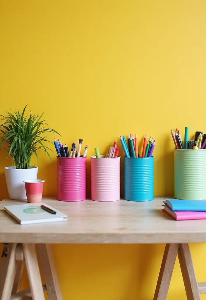 30 Tin Can Painting Ideas for Upcycled Home Decor - 8. Colorful Storage Solutions