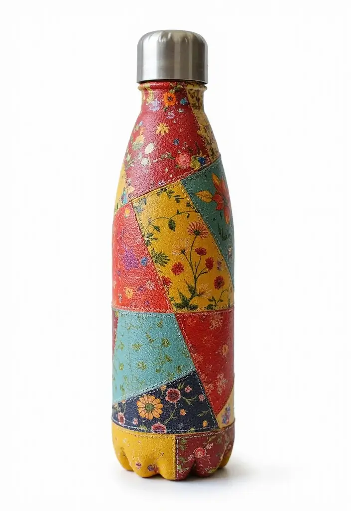 30 Water Bottle Painting Ideas to Make Hydration Fun - 7. Upcycled Fabric Collage