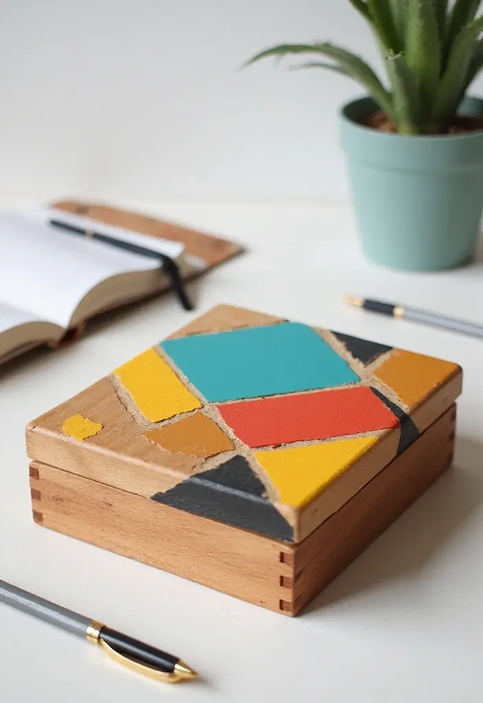 30 Wooden Box Painting Ideas to Add Rustic Charm 13 30 Wooden Box Painting Ideas to Add Rustic Charm - 3. Geometric Designs