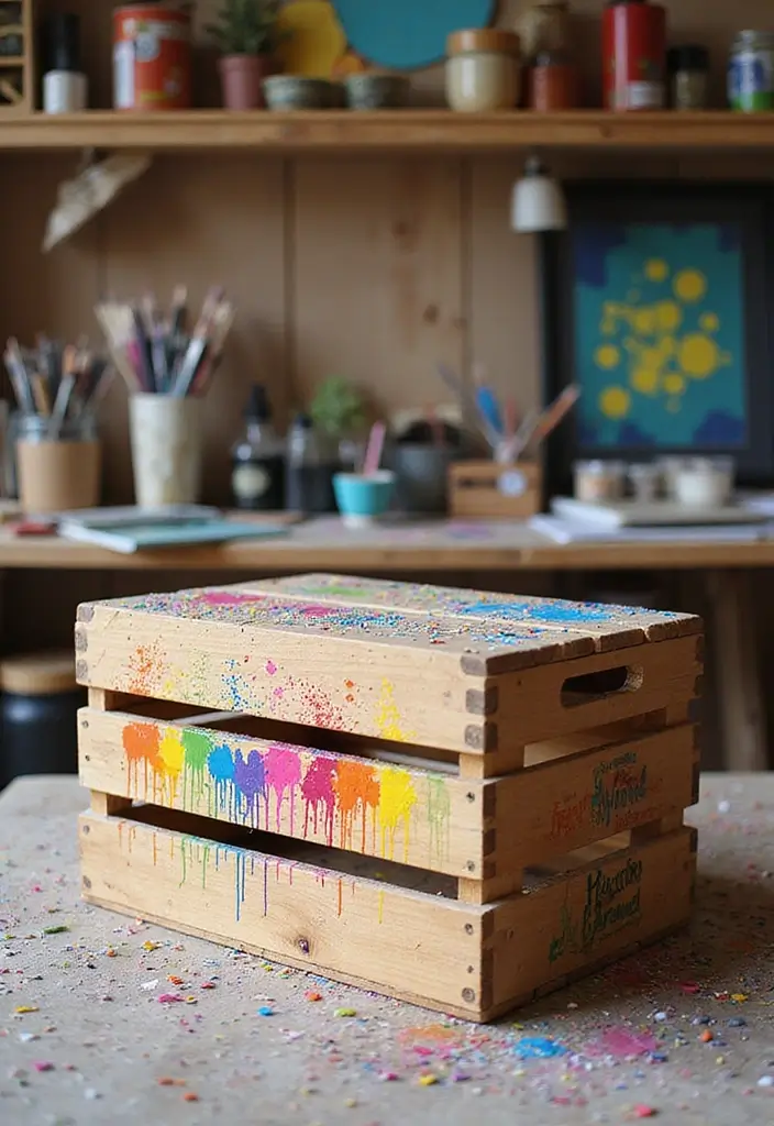 30 Wooden Crate Painting Ideas for Rustic Storage - 10. Artistic Splatter Paint