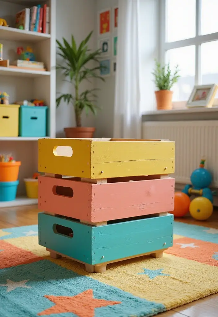 30 Wooden Crate Painting Ideas for Rustic Storage - 2. Bold Color Blocking