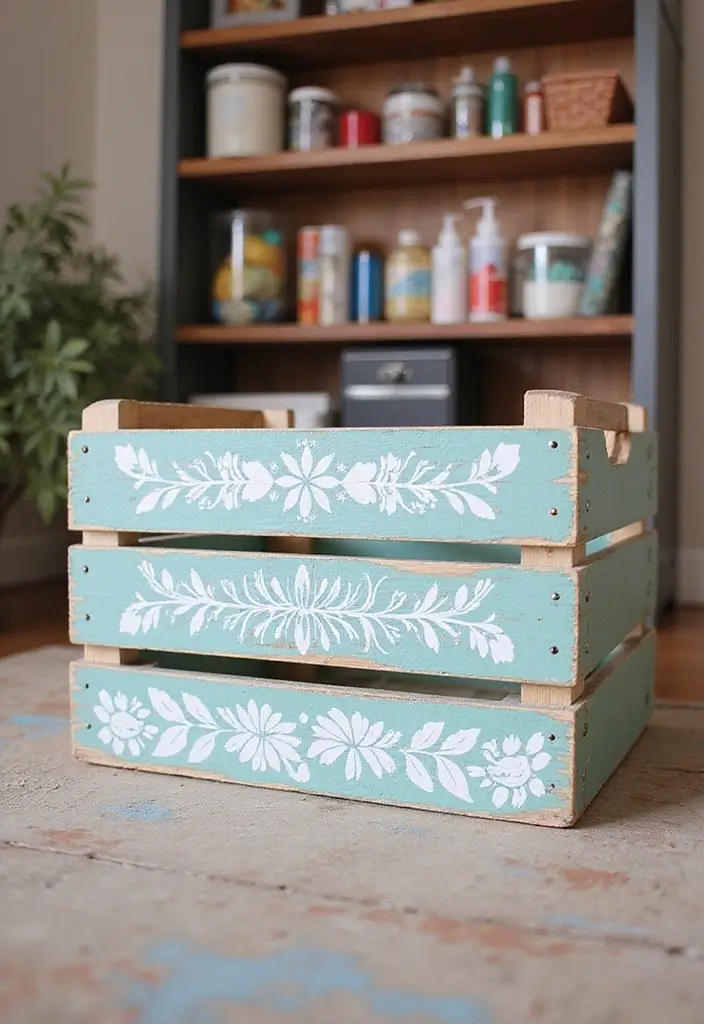 30 Wooden Crate Painting Ideas for Rustic Storage - 4. Stenciled Patterns