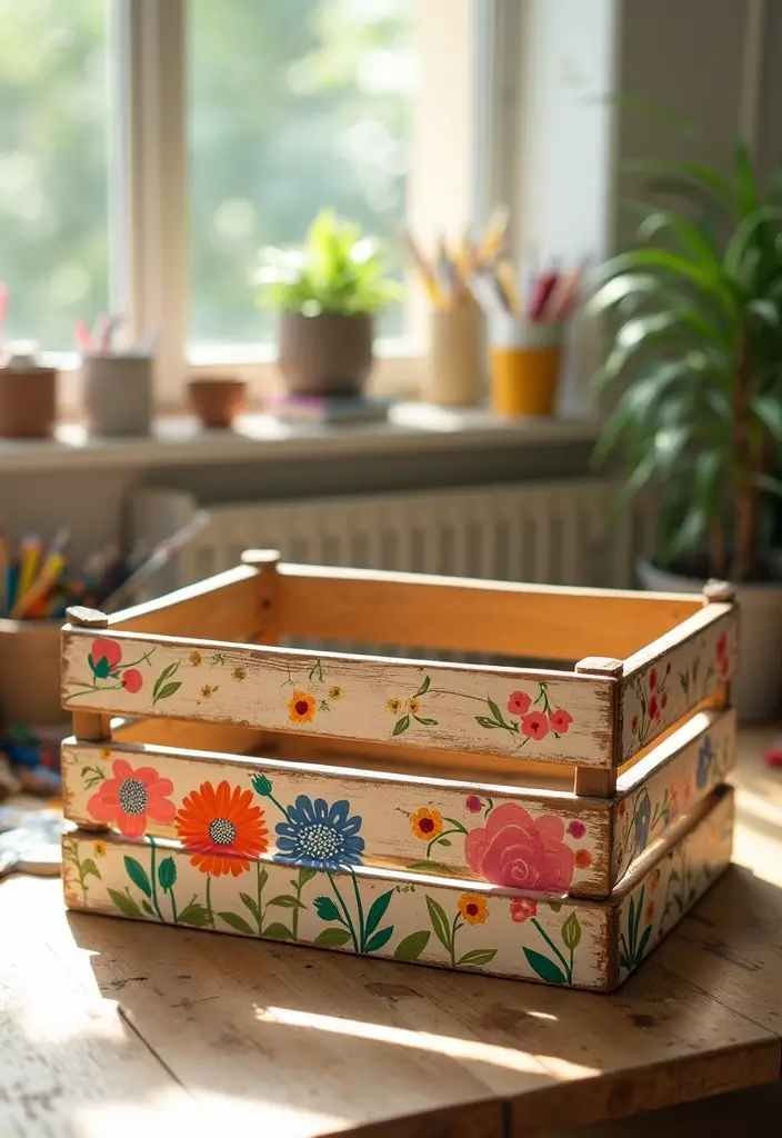 30 Wooden Crate Painting Ideas for Rustic Storage - 8. Hand-Painted Designs