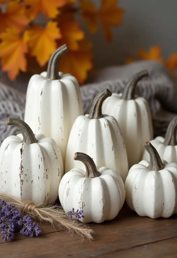 30 Wooden Pumpkin Painting Ideas for Rustic Fall Decor - 1. Classic Farmhouse White Pumpkins