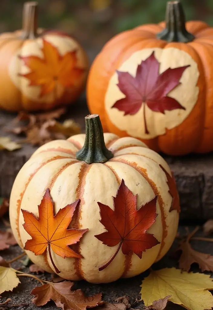 30 Wooden Pumpkin Painting Ideas for Rustic Fall Decor - 12. Leaf Imprints