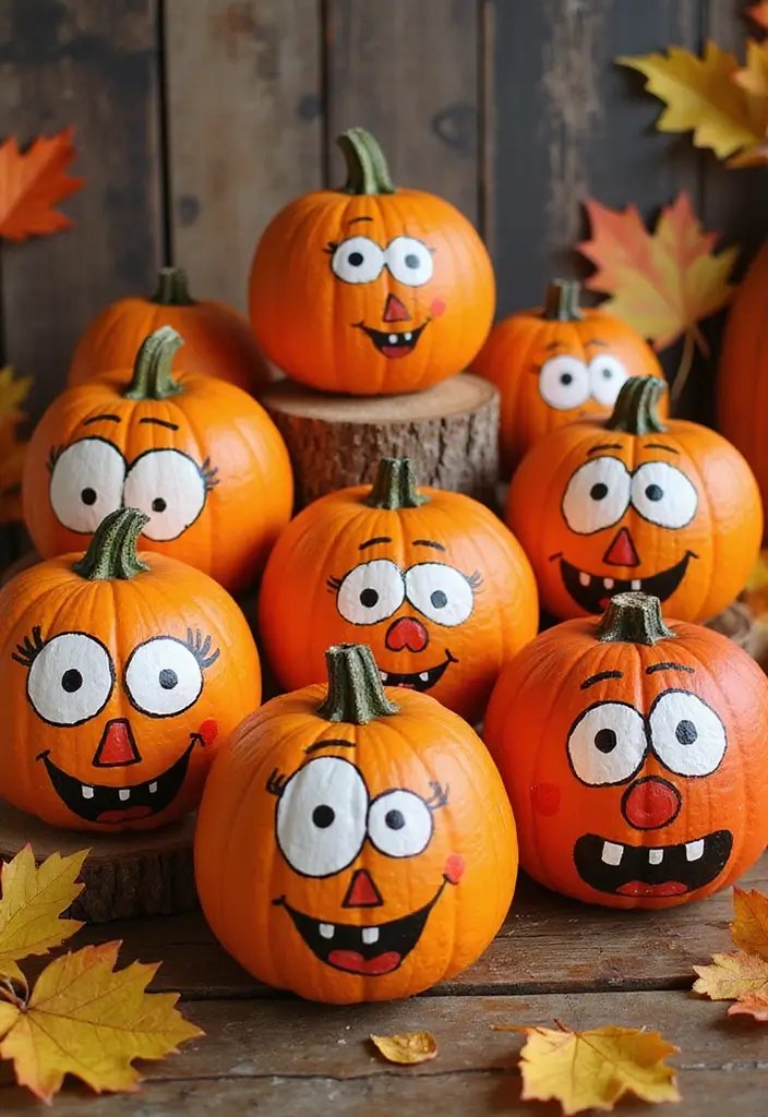 30 Wooden Pumpkin Painting Ideas for Rustic Fall Decor - 20. Fun and Quirky Designs