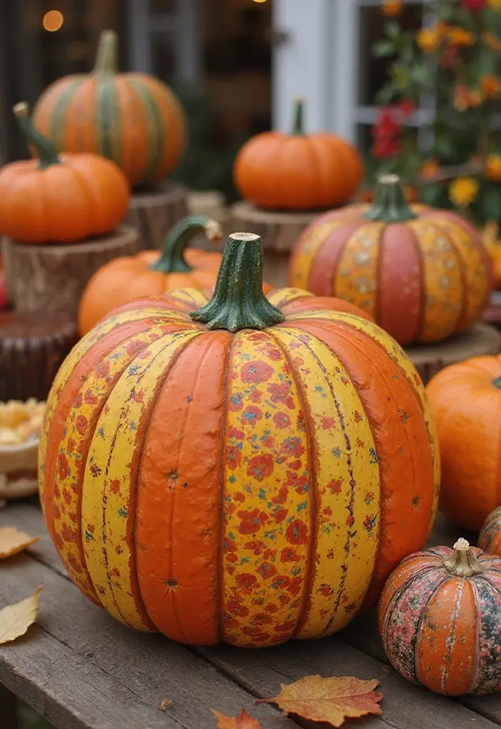 30 Wooden Pumpkin Painting Ideas for Rustic Fall Decor - 26. Playful Patterns and Stripes