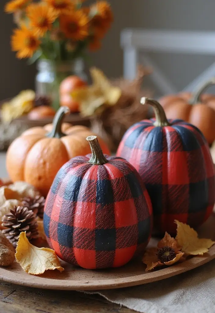 30 Wooden Pumpkin Painting Ideas for Rustic Fall Decor - 9. Country Plaid Patterns